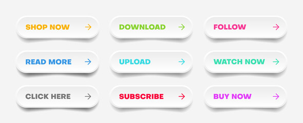Aufkleber - 3d click here web buttons. Set of action button, hand cursor and arrow pointing click link buttons. Add to cart, shop now, upload, downloa buttons. Online shopping icons for UI UX website, mobile app