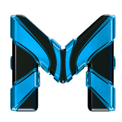 Black symbol with blue vertical straps. letter m