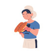 Woman Baker in Toque and Apron Holding Freshly Baked Bread Vector Illustration