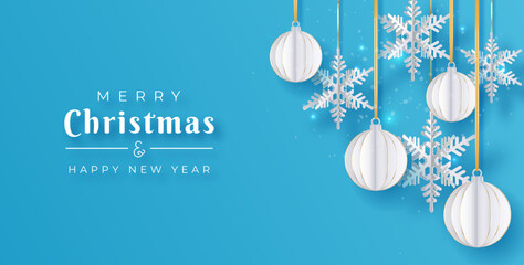 Wall Mural - Christmas paper cut 3d snowflakes and balls with shadow on blue background. Minimal design vector. New year and Christmas card, poster or banner