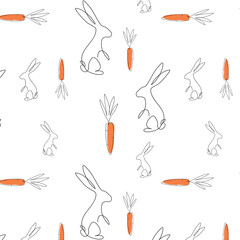 Rabbit carrot continuous line background for decorative. Black white abstract design for paper, cover, fabric, texture.  White orange asymmetric seamless wave pattern hand drawing vector paint.