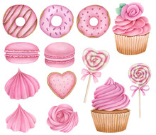 Watercolor Valentines Sweets Clipart. Valentines Day Set On White Background. Donuts, Cake, Meringue, Candies