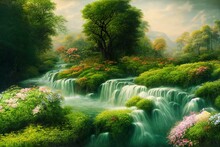Garden Of Eden Meadow Landscape With Flowers And Misty Mountains