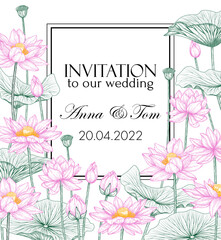 Wall Mural - Vector template of invitation garden with lotus flowers in engraving style