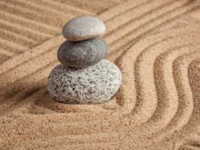 Japanese Zen Stone Garden - Relaxation, Meditation, Simplicity And Balance Concept - Pebbles And Raked Sand Tranquil Calm Scene