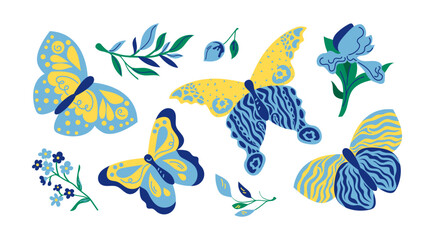 Wall Mural - Beautiful blue and yellow butterflies vector illustrations set. Collection of cartoon drawings of blue leaves and field flowers isolated on white background. Decoration, nature, spring concept