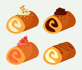 Sticker - Cake roulettes with different flavors vector illustrations set. Collection of cartoon drawings of cake rolls with different toppings isolated on white background. Dessert, bakery, food concept