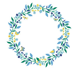 Wall Mural - Round frame with flowers and butterflies vector illustration. Circular or botanical frame, blue and yellow floral wreath with birds on white background. Decoration, celebration, spring, nature concept