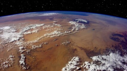 Wall Mural - Planet earth view from space, planet horizon desert landscape against stars in space, animation based on image by Nasa