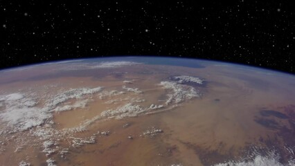 Wall Mural - Planet earth view from space, planet horizon desert landscape against stars in space, animation based on image by Nasa