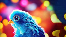 Hyper-realistic Illustration Of A Blue Chick Against A Blurry Bokeh Lights Background