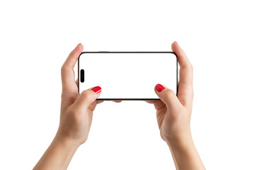 Poster - Woman hands holding phone in horizontal position. Isolated screen for playing games mobile mockup