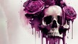 Illustration of a skull with violet roses around and paint making stains on the white background