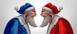 Holiday conflict and Santa Claus in disagreement with another santaclaus as a christmas time stress or political war season between blue left and red right as a concept with 3D illustration elements.