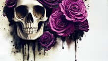 Illustration Of A Skull With Violet Roses Around And Paint Making Stains On The White Background