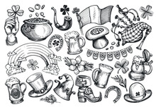 Patricks Day Concept. Irish Holiday Symbols Set Sketch. Collection Vector Illustrations Drawn In Vintage Engraving Style