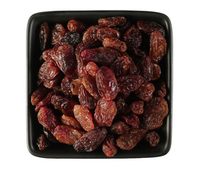 Wall Mural - Raisins pile in ceramic bowl isolated on white, top view