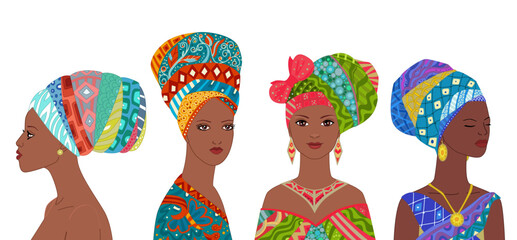 Wall Mural - Set of African young women in ethnic headdresses isolated on a w