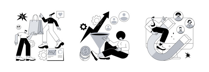 Poster - CRM lead management abstract concept vector illustration set. Customer relationship management, conversion rate optimization, generating new leads, sales data, marketing software abstract metaphor.