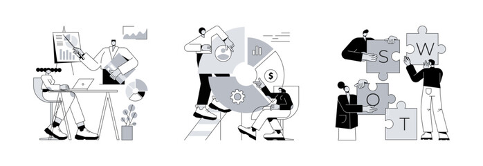 Poster - Company performance analysis abstract concept vector illustration set. Business statistics, balanced scorecard, SWOT analysis, enterprise, strategic goal, project planning, progress abstract metaphor.