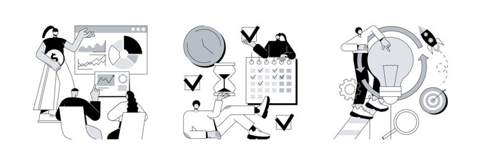 Poster - Project management abstract concept vector illustration set. Business briefing, planning project life cycle, task assignment, business case, financial data report, risk management abstract metaphor.