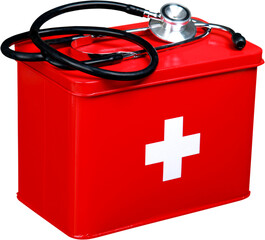 Wall Mural - First aid kit with stethoscope isolated on white background