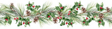 Christmas Decorative Seamless Border. Watercolor Banner. Poinsettia, Coniferous Branches, Cones, Ilex, Holly Berry. Repeating Garland. Holiday Illustration Isolated On Transparent Background