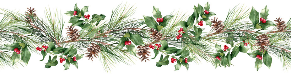 christmas decorative seamless border. watercolor banner. poinsettia, coniferous branches, cones, ile