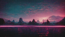 Abstract Retro Futuristic  Sci-fi Synthwave Landscape In Space With Stars. Vaporwave Stylized  Illustration For EDM Music  Ai Generated.