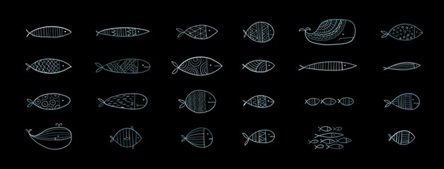 Poster - Funny fishes collection, vintage ethnic ornament. Childish style. Icons set for your design