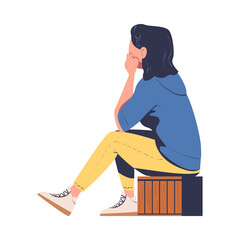 Poster - Woman Character Sitting on Wooden Seat Watching Movie in Open Air Cinema Vector Illustration