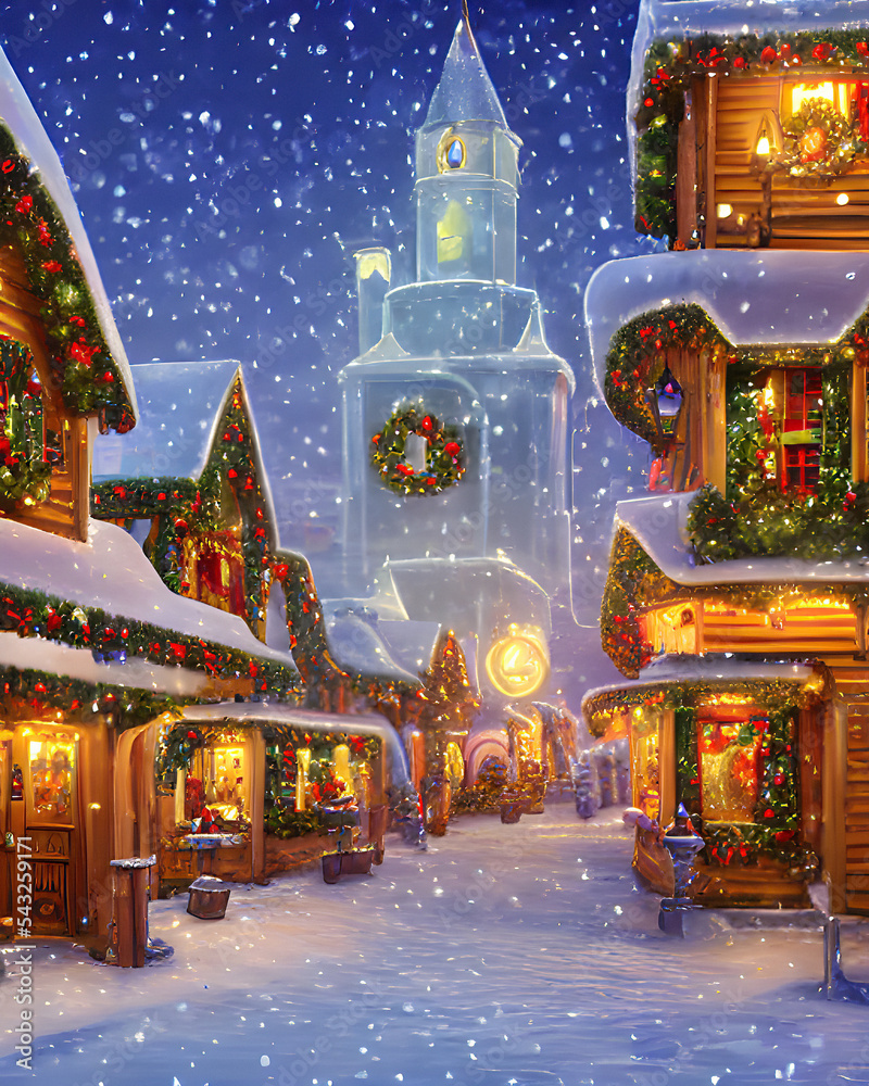 Christmas time the little village holiday lights people in the streets  shopping. Illustration, digital matte painting Stock Illustration | Adobe  Stock, image size:800x1000