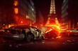Damaged and smashed car wrecks in an urban car incident in Paris city. Rollover of smoking generic cars crashed and burning after street accident collision. Concept of first aid and drive insurance