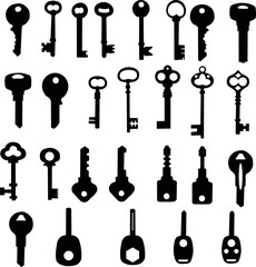 Poster - Digital illustration set of silhouettes of different keys on a white background