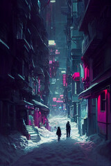 cyberpunk post-apocalyptic dystopian winter city , narrow street, neon lights, concept art, digital 