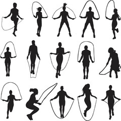 Poster - Digital illustration set of silhouettes of people jumping rope on a white background