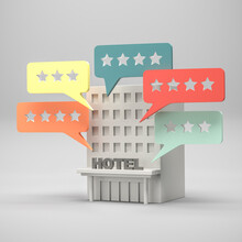 Hotel Rating Concept: A Hotel Building Surrounded By Star Ratings In Speech Bubbles. 3d Render.