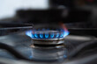 In this close up a blue gas flame from a gas burner is seen in a kitchen. Due to Russia's invasion of Ukraine 