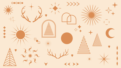 Wall Mural - Vector set of linear Boho Christmas elements. Hand drawn elements for decoration in modern minimalist style for social media posts.