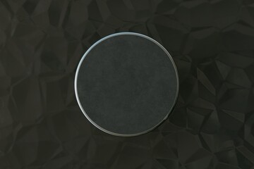 Poster - an abstract polygonal background of black color on which a protruding black circle for a product or text. 3D render