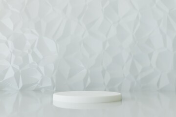 Poster - a white polygonal background on which is a round white podium for placing products or text. copy paste. 3D render