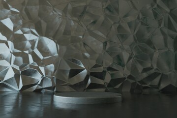 Poster - a black polygonal background on which is a round black podium for placing products or text. copy paste. 3D render