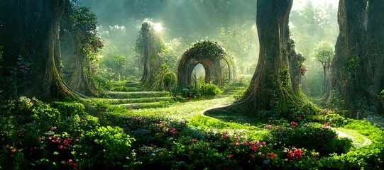 Wall Mural - Unreal fantasy landscape with trees and flowers. Garden of Eden, exotic fairytale fantasy forest, Green oasis.  Sunlight, shadows, creepers and an arch. 3D illustration.