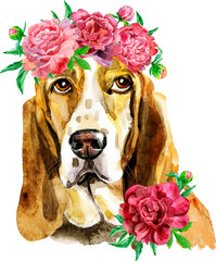 Watercolor portrait of basset hound with wreath of flowers