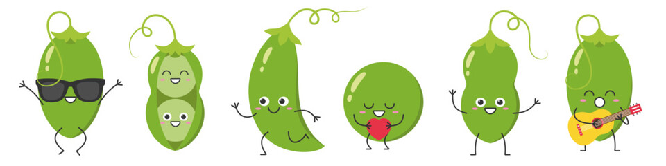 Wall Mural - Set green pea pod character cartoon greeting jumping sings love running cute smiling face cheerful kawaii joy happy emotions icon vector illustration.