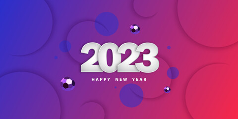 Wall Mural - Happy new year 2023. Festive gradient background with 3D spheres and numbers. Banner with circles and balls. Vector illustration in realistic style. Design poster, flyer, wallpaper. Stock.