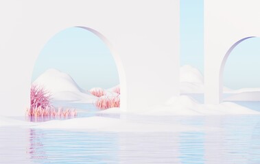 Abstract Dune in winter season landscape with podium platform. Surreal Beautiful Dream land background. Relax and Clam island scene with water and natural clear sky. Metallic mirror arch. 3d render.