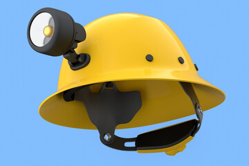 Yellow safety helmet or hard cap with flashlight isolated on blue background