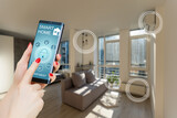 Fototapeta Uliczki - Controlling home heating temperature with a smart home, close-up on phone. Concept of a smart home and mobile application for managing smart devices at home