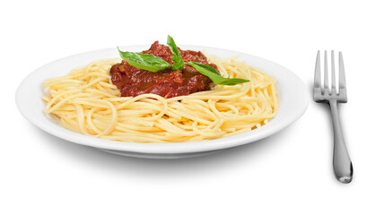 Wall Mural - plate with spaghetti, sauce and basil on white background